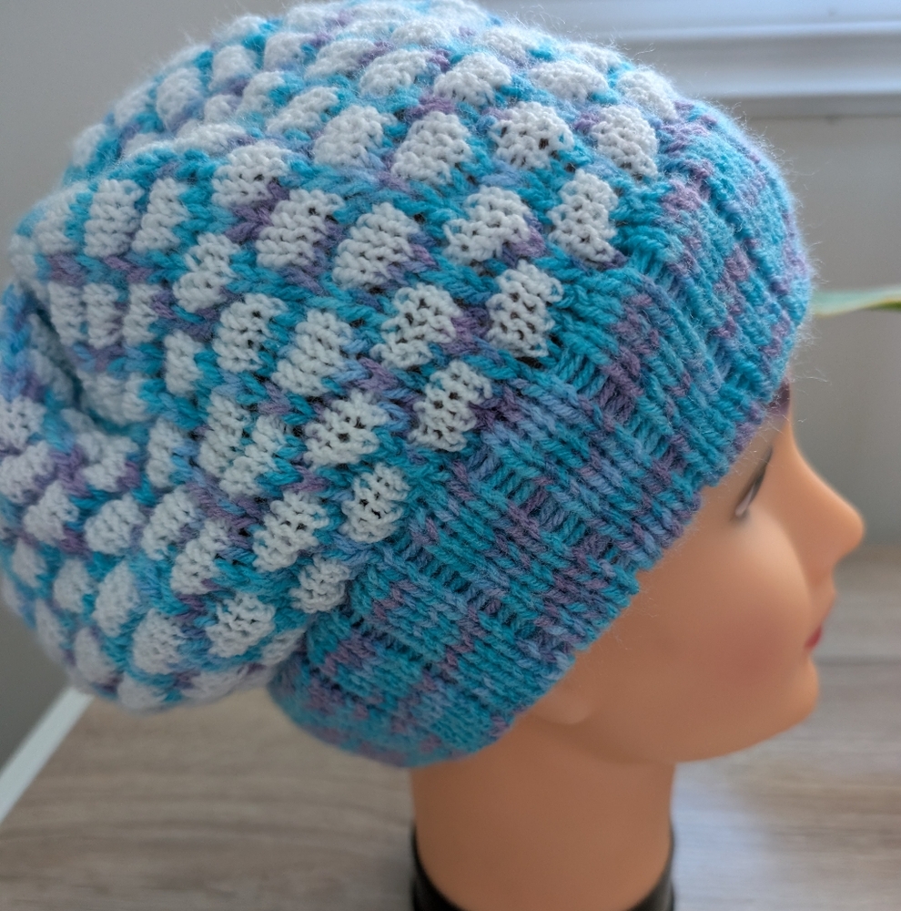 Shades of Blue with White Bubble Knit Tuck Stitch Hat/Beanie, Unisex, Acrylic